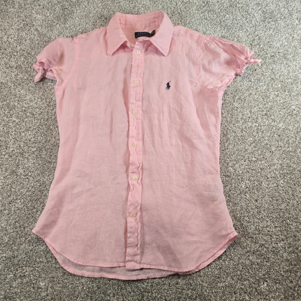 Polo Ralph Lauren Womens XS Pink Linen Short Sleeve Button Up Shirt Tie Cuff